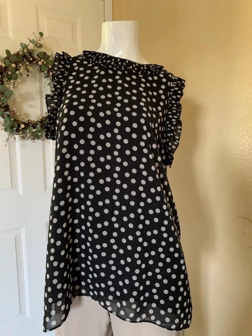 Max Studio Black & Polka Dot Top with Ruffle Sleeves
